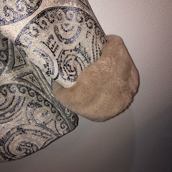 Chicos Size 3 P Silver Jacquard Brown Faux Fur Cuffs Jacket Coat US 16 18 Petite - Picture 5 of 9